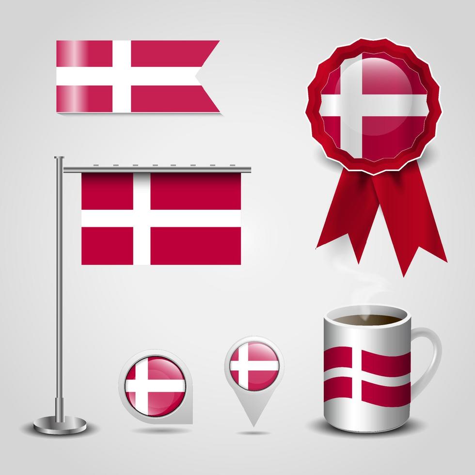 Denmark Country Flag place on Map Pin. Steel Pole and Ribbon Badge Banner vector