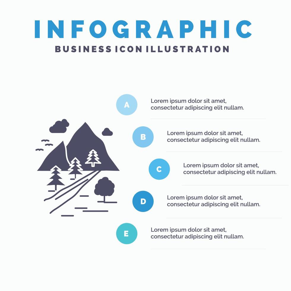 rocas árbol. Cerro. montaña. plantilla de infografía de naturaleza para sitio web y presentación. icono de glifo gris con ilustración de vector de estilo infográfico azul.