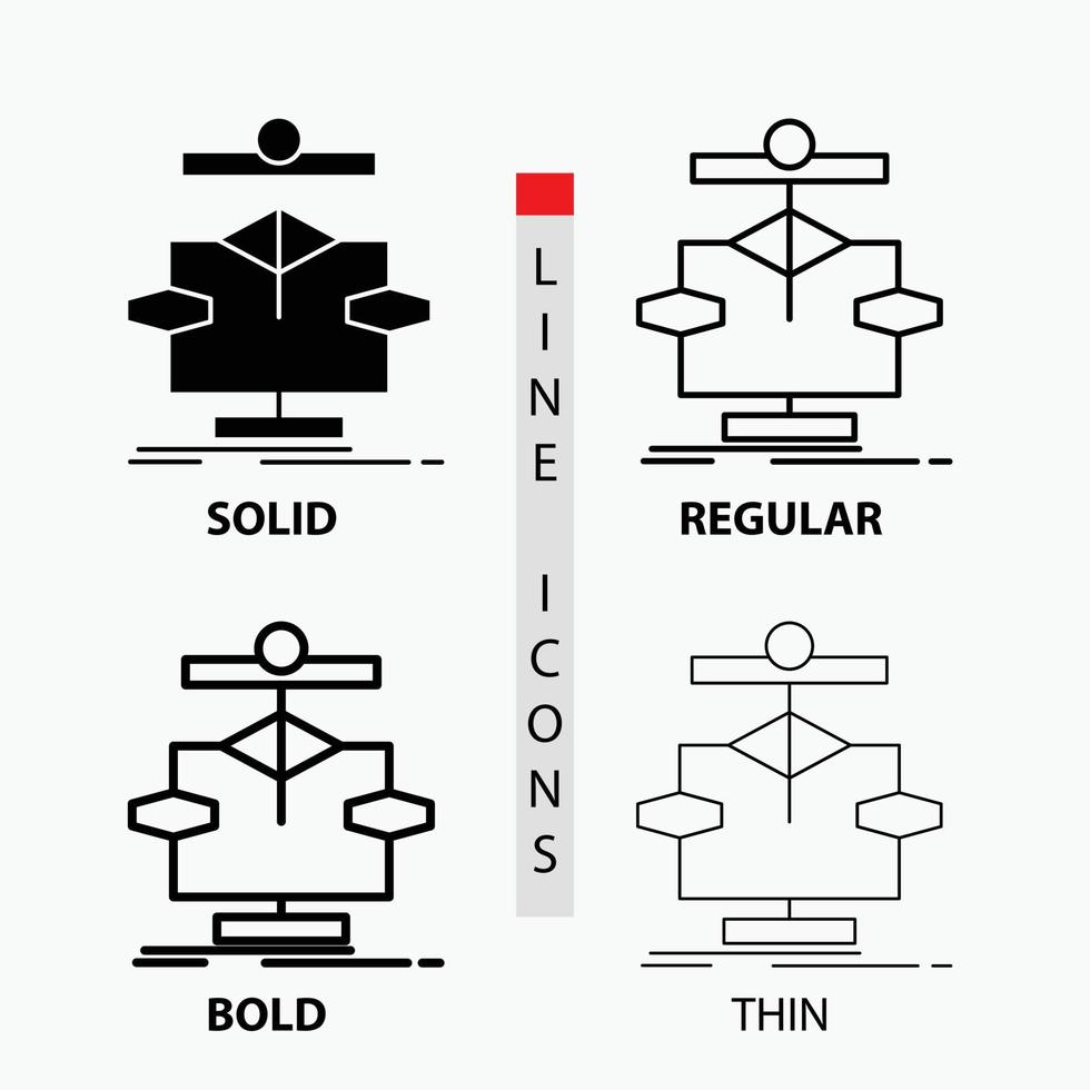 algoritmo. cuadro. datos. diagrama. icono de flujo en fino. regular. línea en negrita y estilo de glifo. ilustración vectorial vector