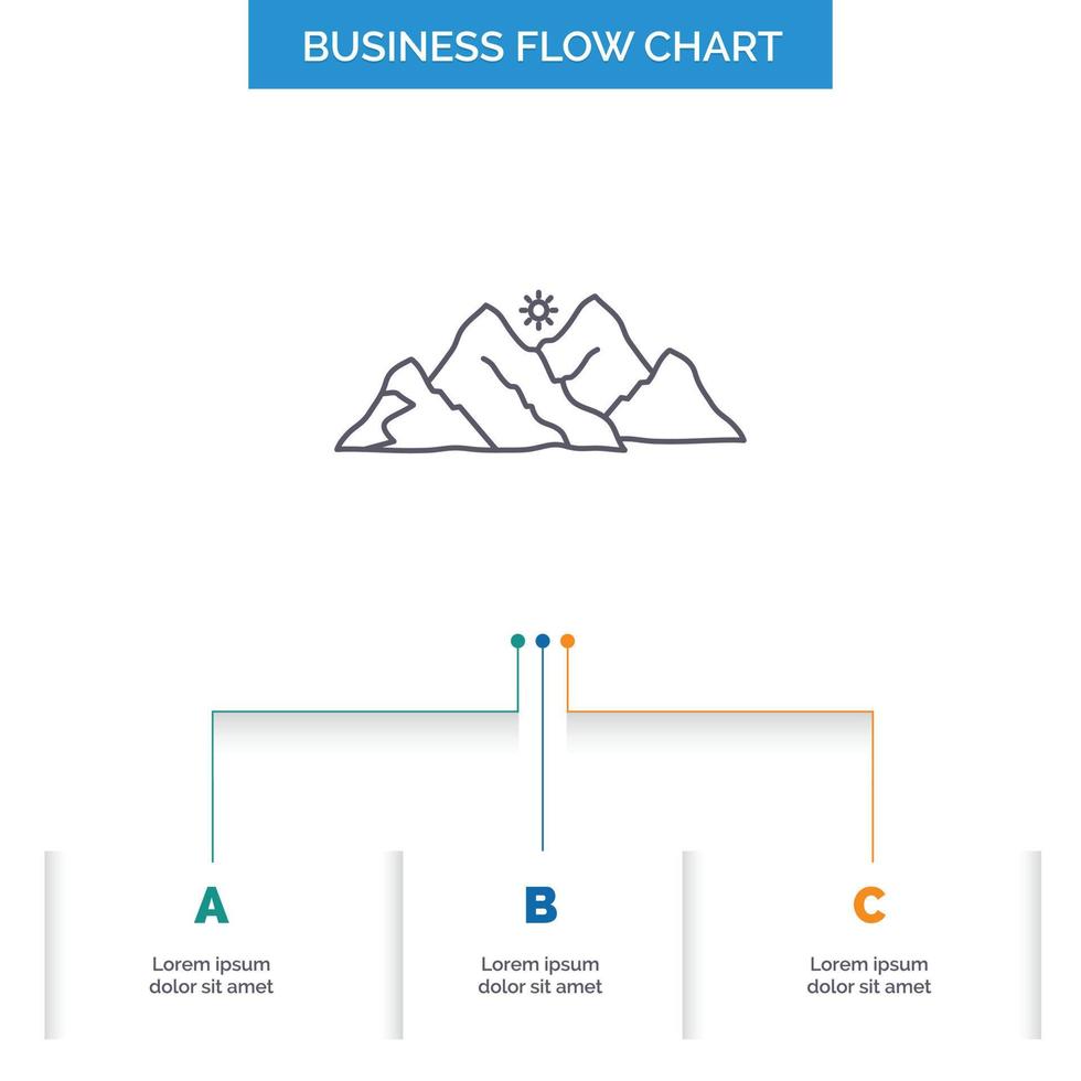 mountain. landscape. hill. nature. scene Business Flow Chart Design with 3 Steps. Line Icon For Presentation Background Template Place for text vector