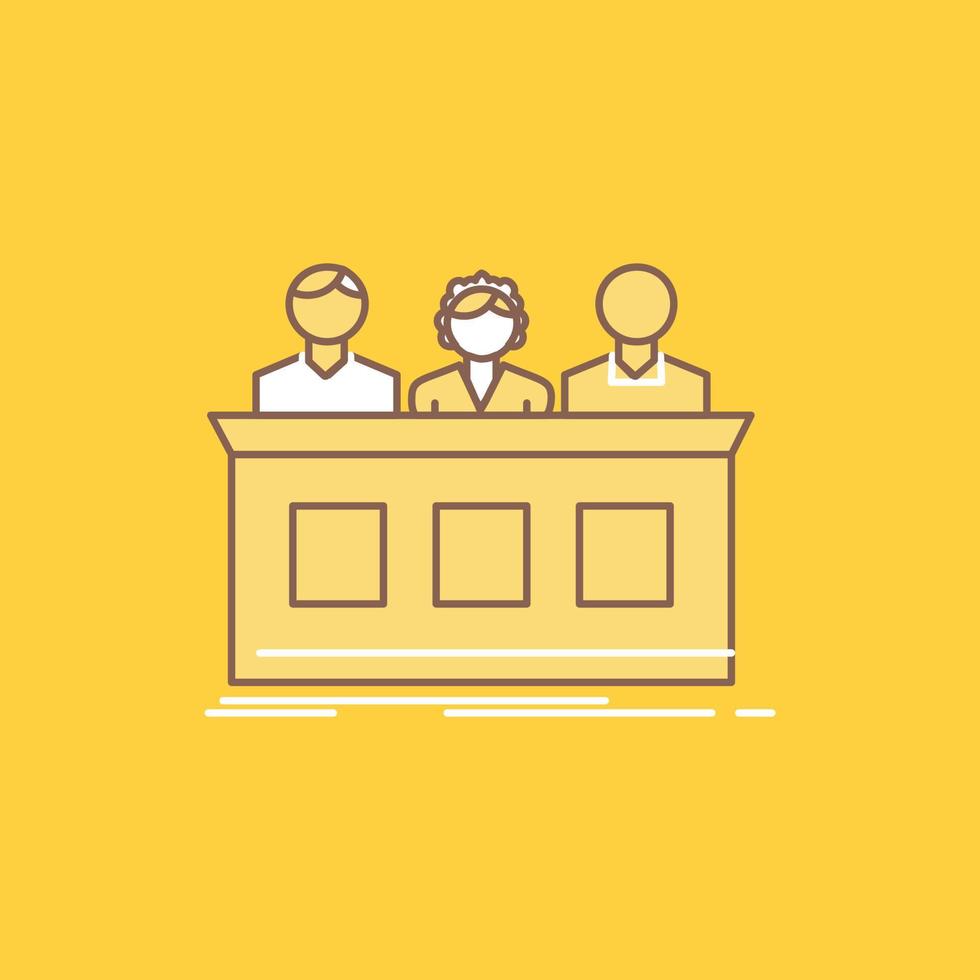 competition. contest. expert. judge. jury Flat Line Filled Icon. Beautiful Logo button over yellow background for UI and UX. website or mobile application vector