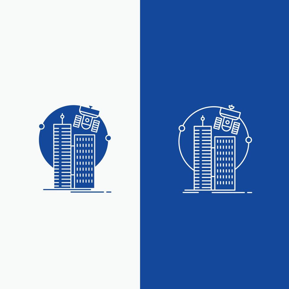 building. smart city. technology. satellite. corporation Line and Glyph web Button in Blue color Vertical Banner for UI and UX. website or mobile application vector