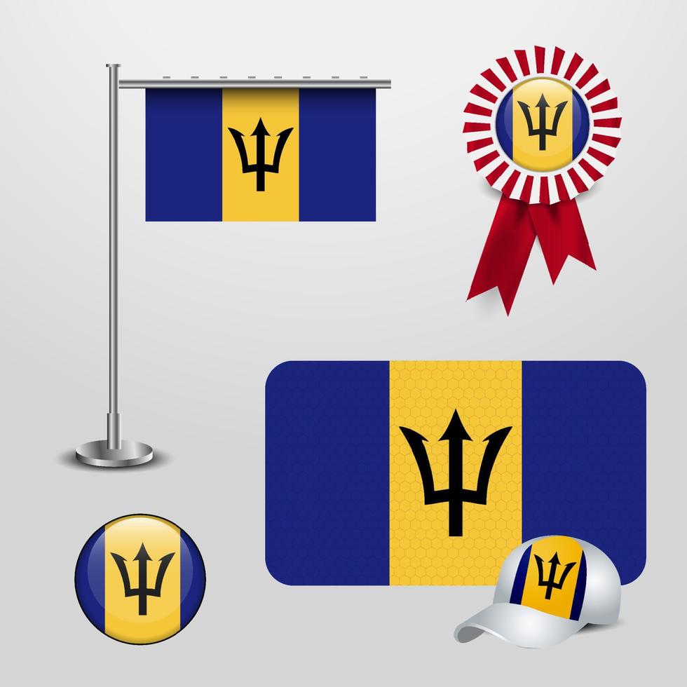 bandera del país de barbados colgada en el poste. bandera de la insignia de la cinta. gorra deportiva y botón redondo vector