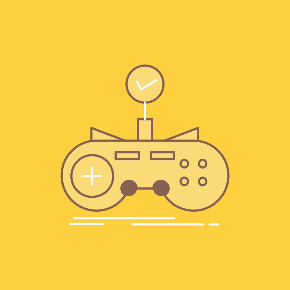 Check. controller. game. gamepad. gaming Flat Line Filled Icon. Beautiful Logo button over yellow background for UI and UX. website or mobile application vector