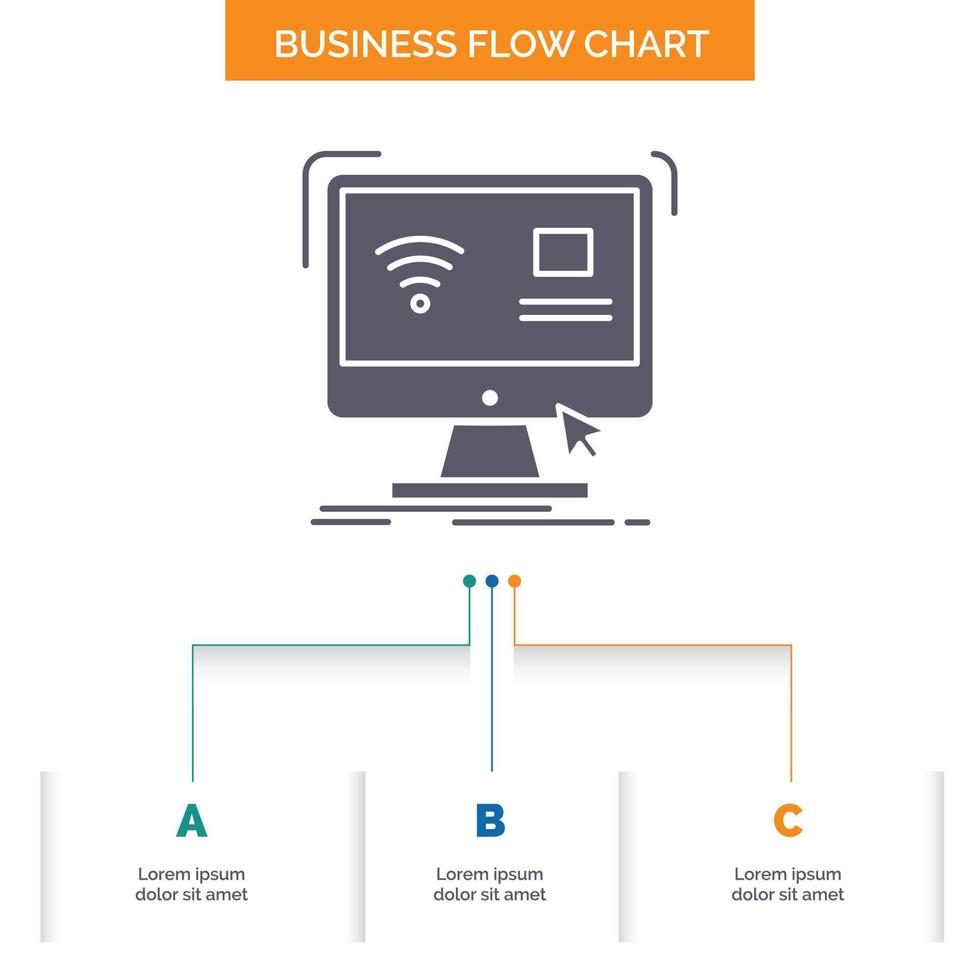 control. computadora. monitor. remoto. diseño de diagrama de flujo empresarial inteligente con 3 pasos. icono de glifo para el lugar de plantilla de fondo de presentación para texto. vector