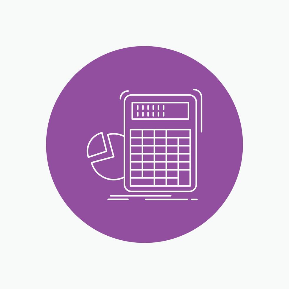 calculator. calculation. math. progress. graph White Line Icon in Circle background. vector icon illustration
