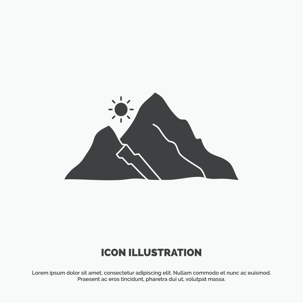 montaña. paisaje. Cerro. naturaleza. icono del sol. símbolo gris vectorial de glifo para ui y ux. sitio web o aplicación móvil vector