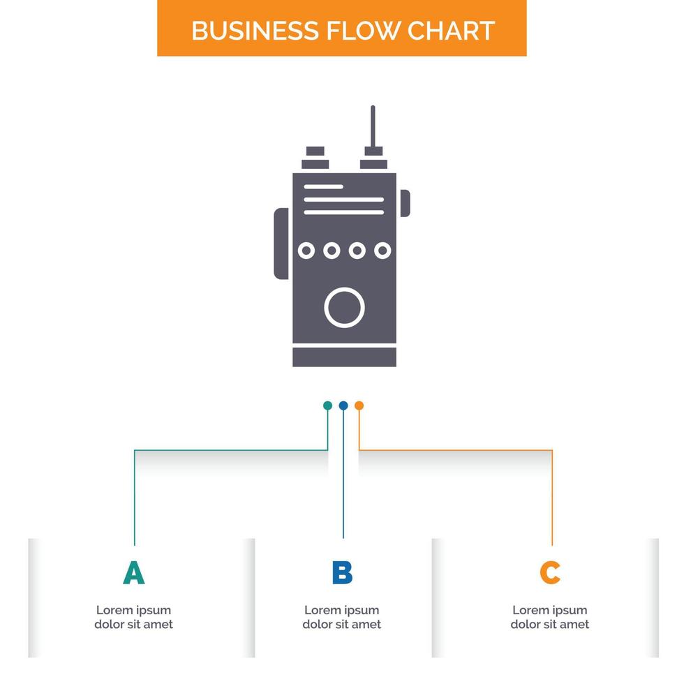 walkie. talkie. communication. radio. camping Business Flow Chart Design with 3 Steps. Glyph Icon For Presentation Background Template Place for text. vector