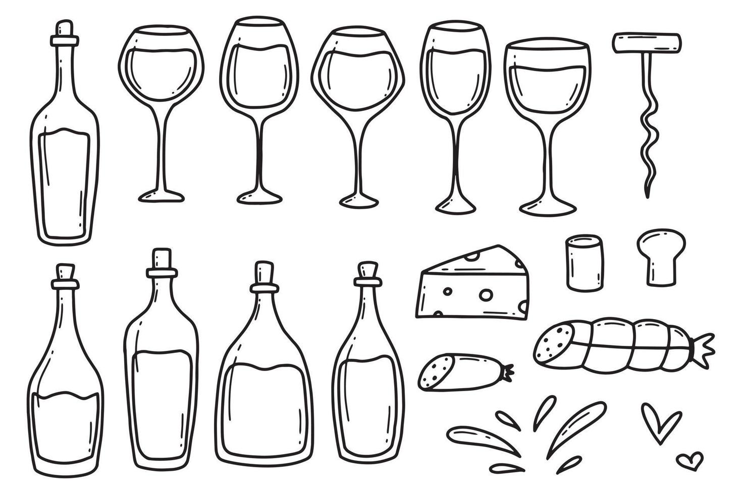 Set of bottles and glasses with wine. Doodle style. Vector illustration. Wine collection in doodle style.