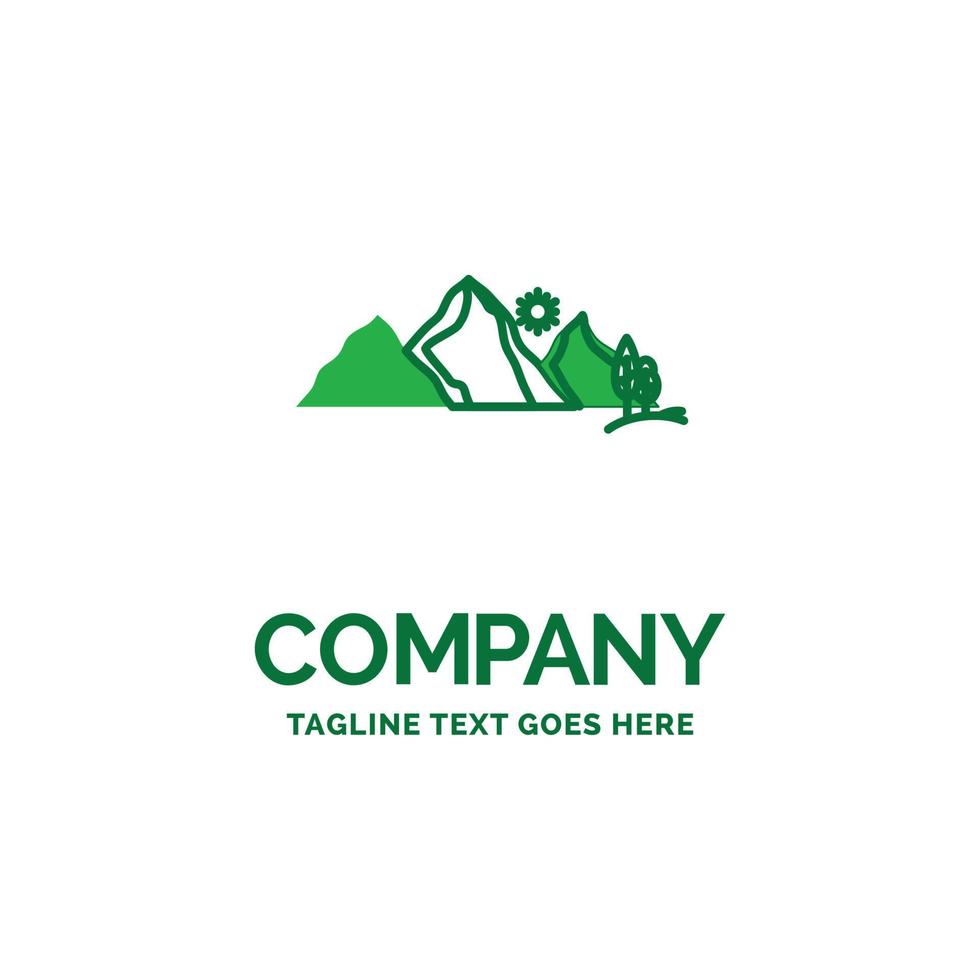 hill. landscape. nature. mountain. scene Flat Business Logo template. Creative Green Brand Name Design. vector