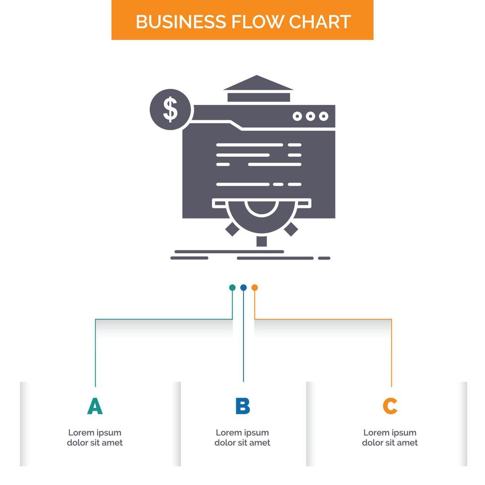 SEO Progreso. globo. tecnología. diseño de diagrama de flujo de negocios de sitio web con 3 pasos. icono de glifo para el lugar de plantilla de fondo de presentación para texto. vector