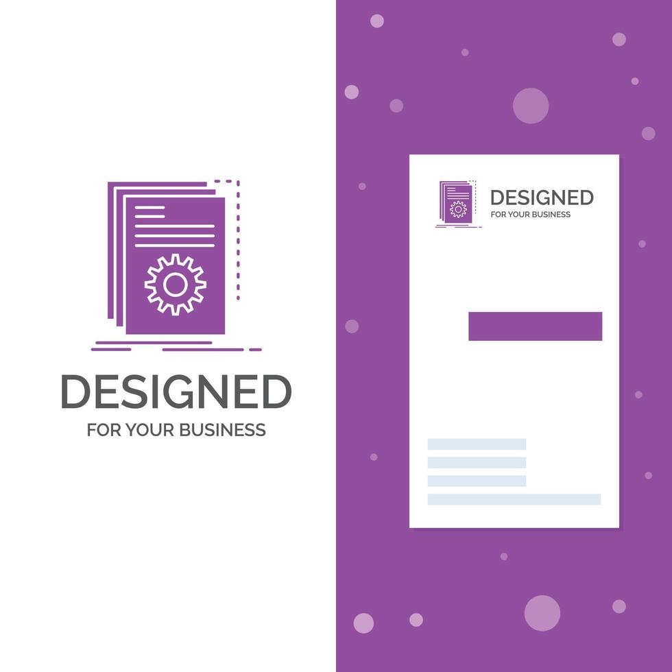 logotipo de empresa para la aplicación. construir. desarrollador. programa. guion. plantilla de tarjeta de visita de negocio púrpura vertical. ilustración de vector de fondo creativo
