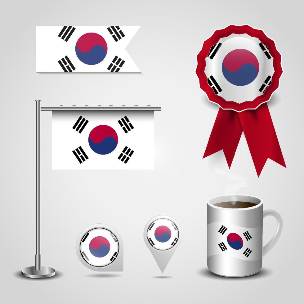 lugar de la bandera del país de corea del sur en el pin del mapa. poste de acero y banner de insignia de cinta vector
