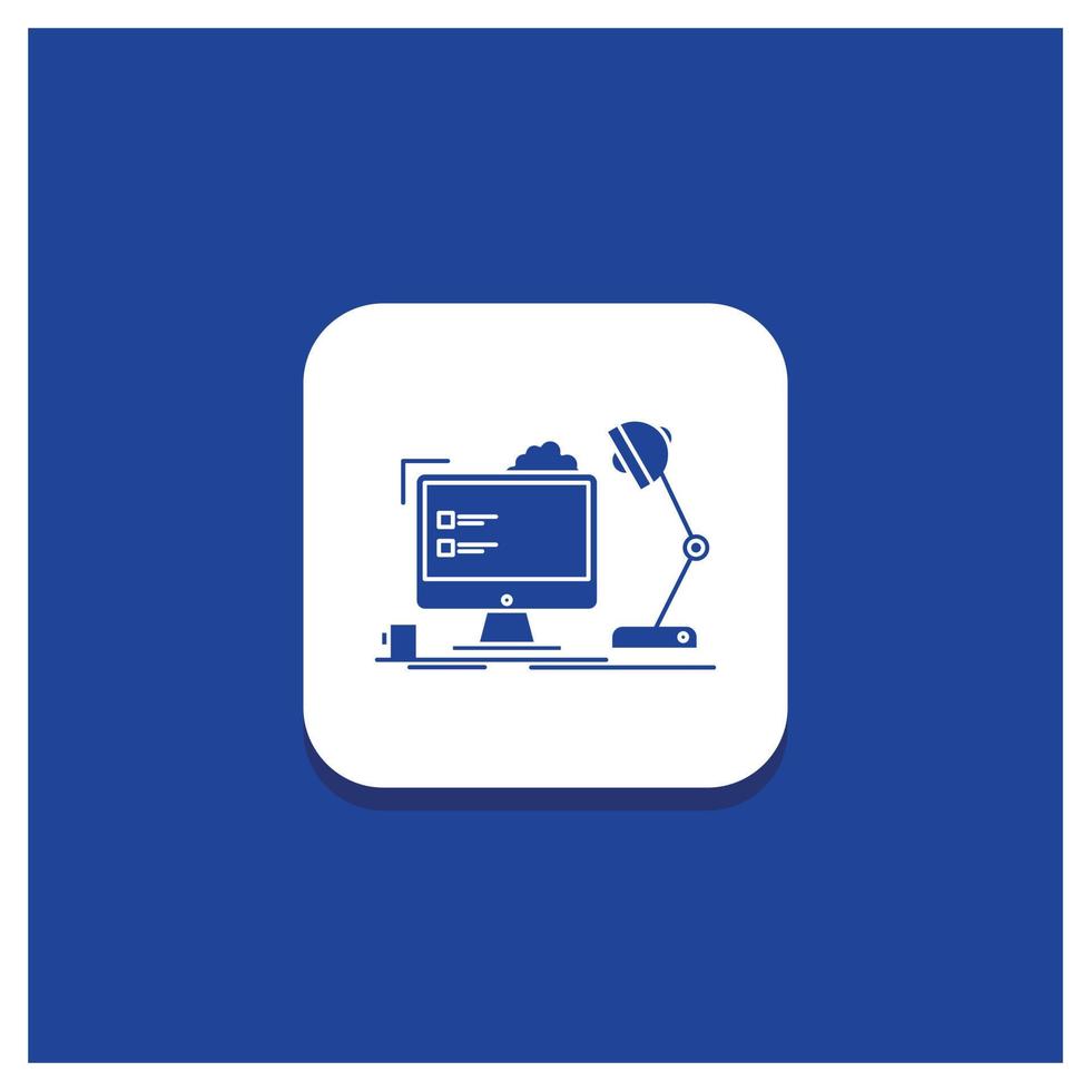 Blue Round Button for workplace. workstation. office. lamp. computer Glyph icon vector