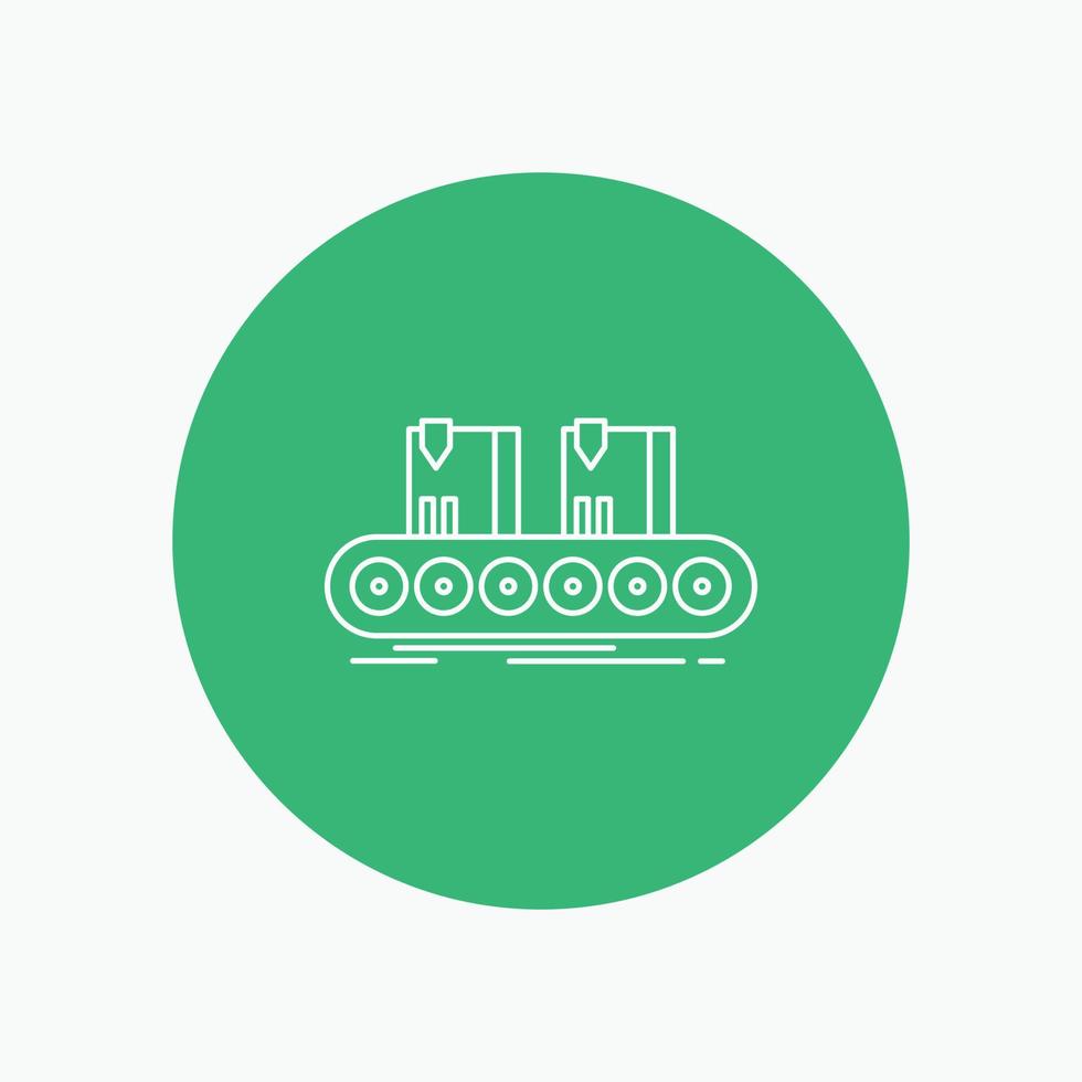Belt. box. conveyor. factory. line White Line Icon in Circle background. vector icon illustration