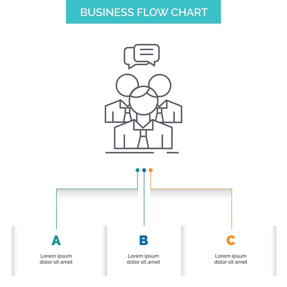 grupo. negocio. reunión. gente. diseño de diagrama de flujo de negocios de equipo con 3 pasos. icono de línea para el lugar de plantilla de fondo de presentación para texto vector