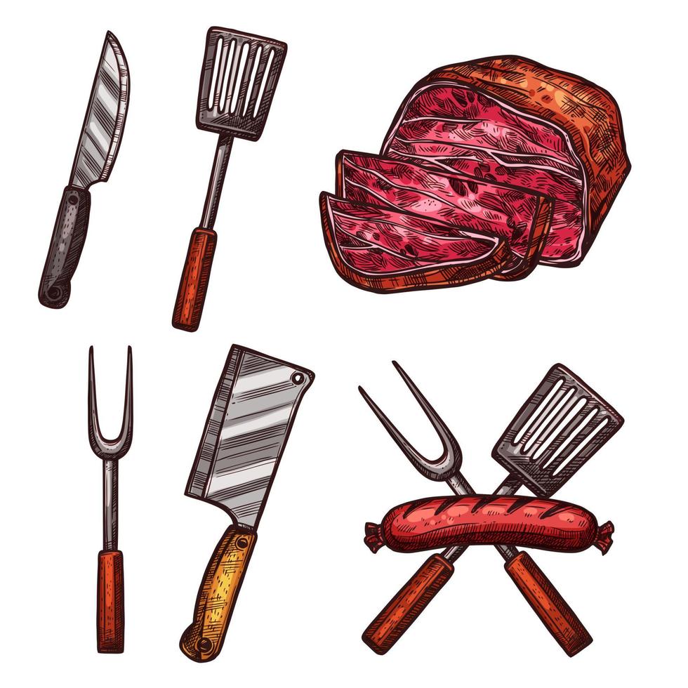 parrilla, carne, salchichas, cubiertos, bosquejo, vector, iconos vector