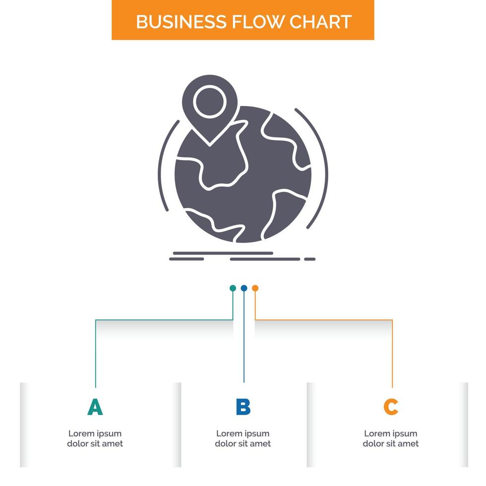 location. globe. worldwide. pin. marker Business Flow Chart Design with 3 Steps. Glyph Icon For Presentation Background Template Place for text. vector