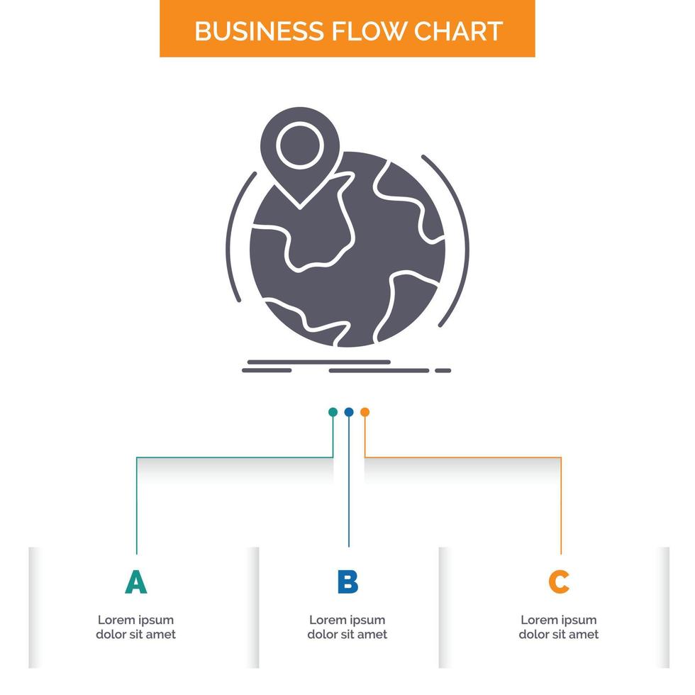 ubicación. globo. en todo el mundo. alfiler. diseño de diagrama de flujo de negocio de marcador con 3 pasos. icono de glifo para el lugar de plantilla de fondo de presentación para texto. vector