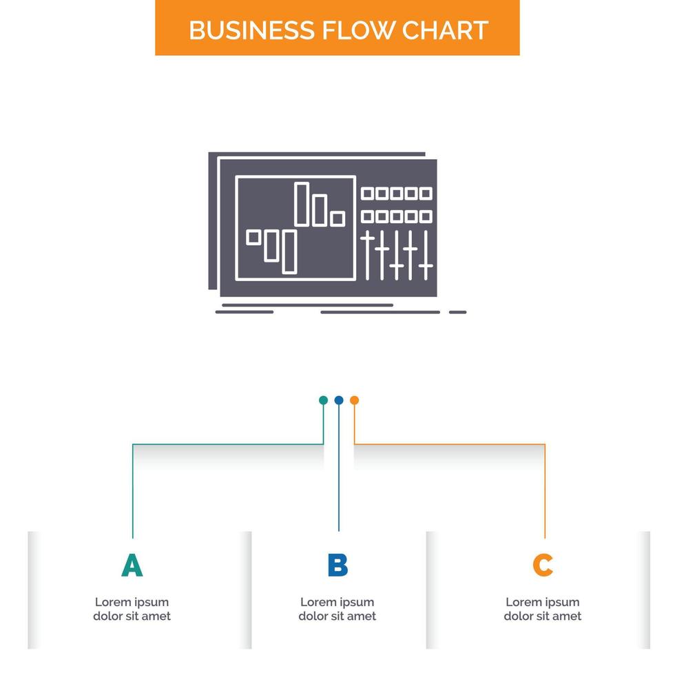 control. equalizer. equalization. sound. studio Business Flow Chart Design with 3 Steps. Glyph Icon For Presentation Background Template Place for text. vector