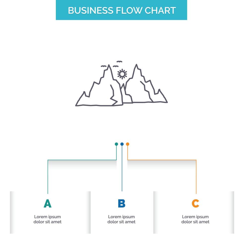 mountain. landscape. hill. nature. sun Business Flow Chart Design with 3 Steps. Line Icon For Presentation Background Template Place for text vector