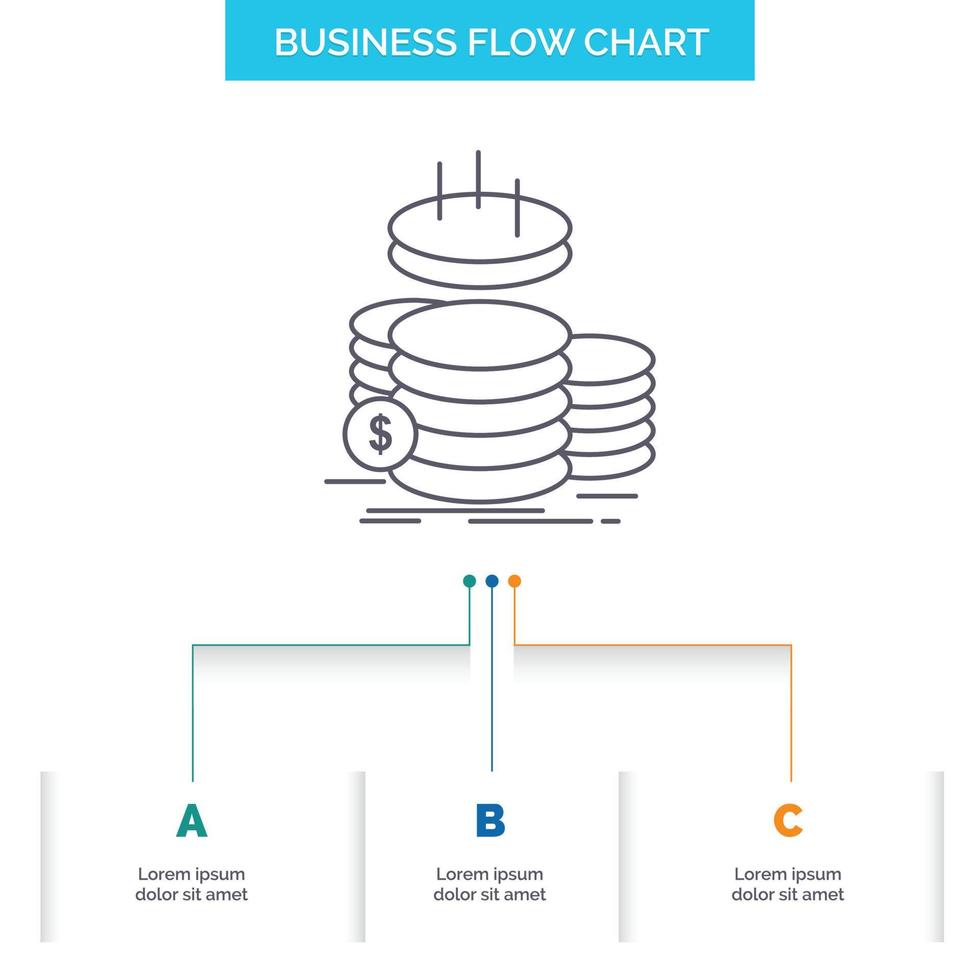 coins. finance. gold. income. savings Business Flow Chart Design with 3 Steps. Line Icon For Presentation Background Template Place for text vector