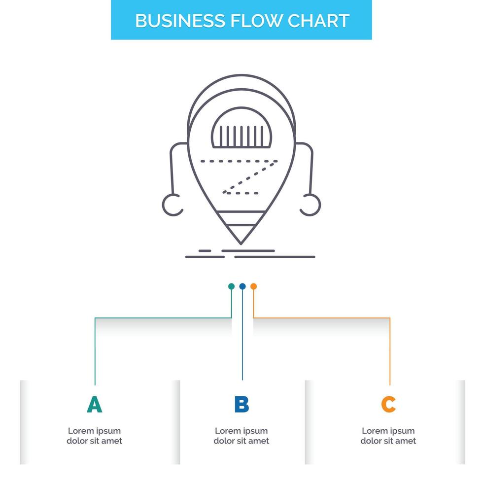 Android. beta. droid. robot. Technology Business Flow Chart Design with 3 Steps. Line Icon For Presentation Background Template Place for text vector