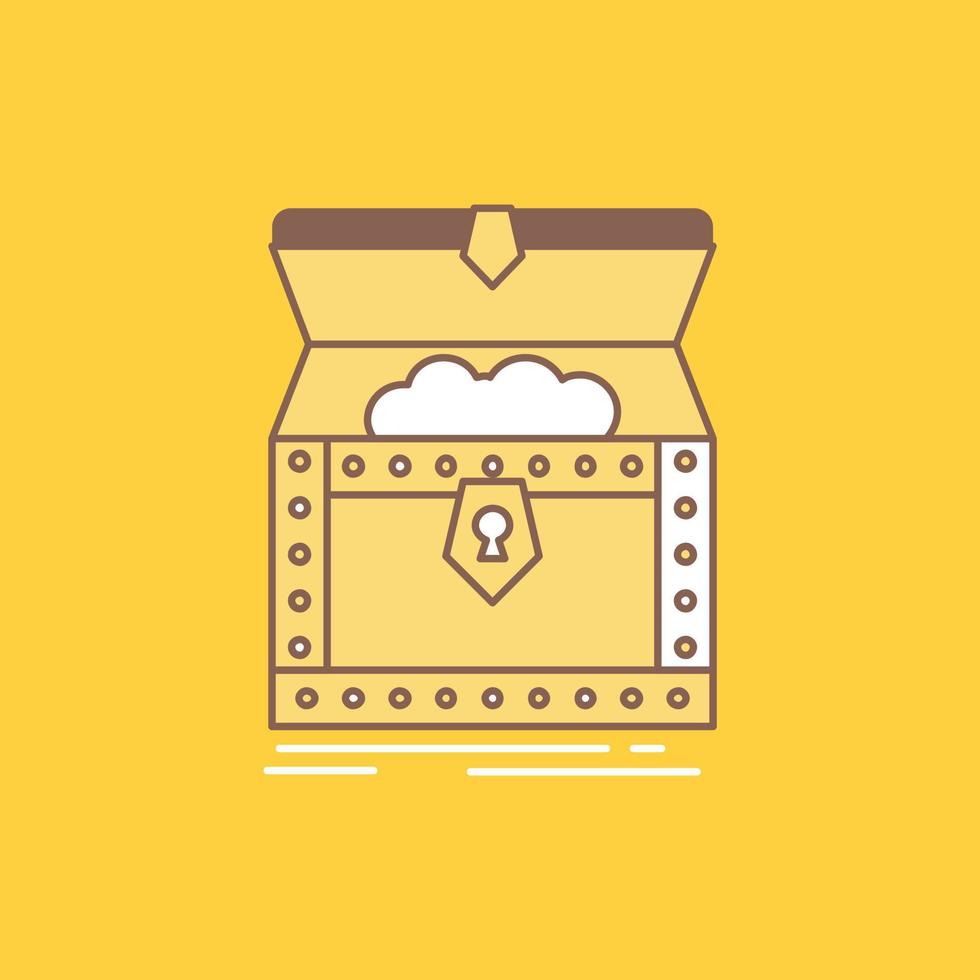 Box. chest. gold. reward. treasure Flat Line Filled Icon. Beautiful Logo button over yellow background for UI and UX. website or mobile application vector
