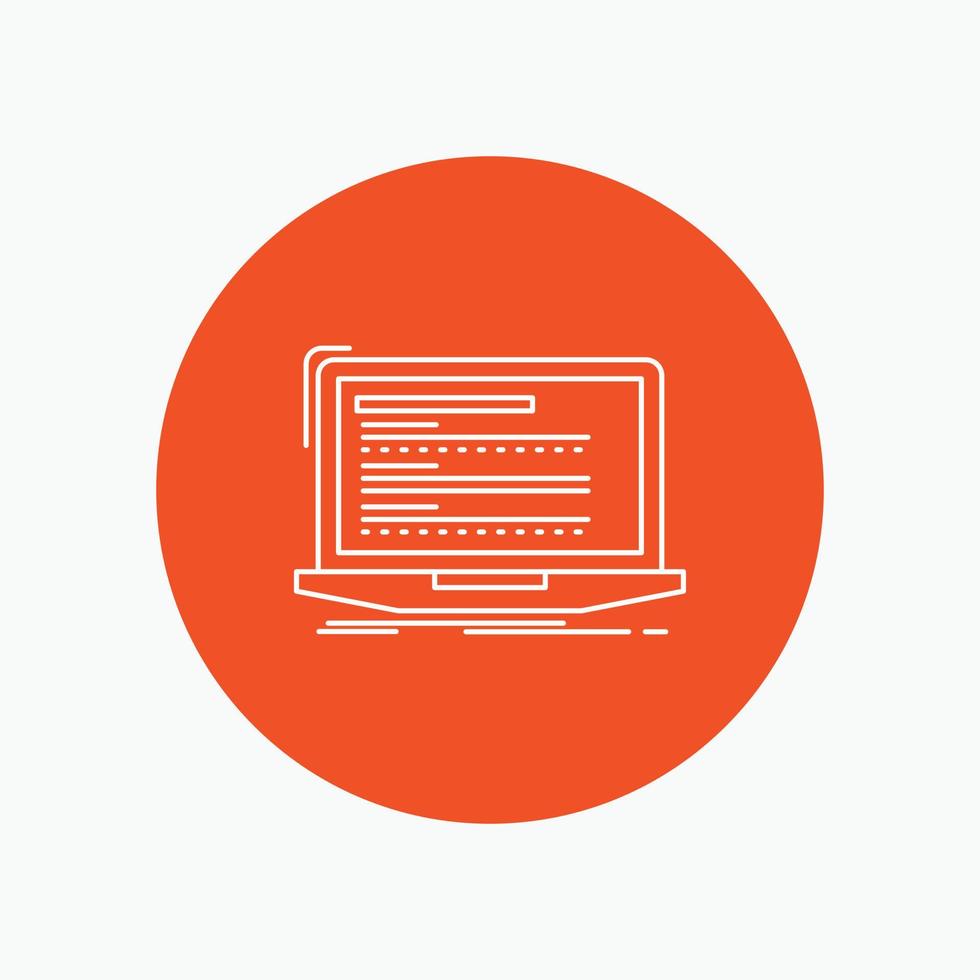 Code. coding. computer. monoblock. laptop White Line Icon in Circle background. vector icon illustration