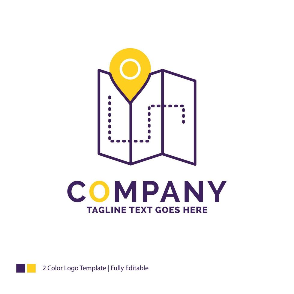 Company Name Logo Design For Map. Camping. plan. track. location. Purple and yellow Brand Name Design with place for Tagline. Creative Logo template for Small and Large Business. vector