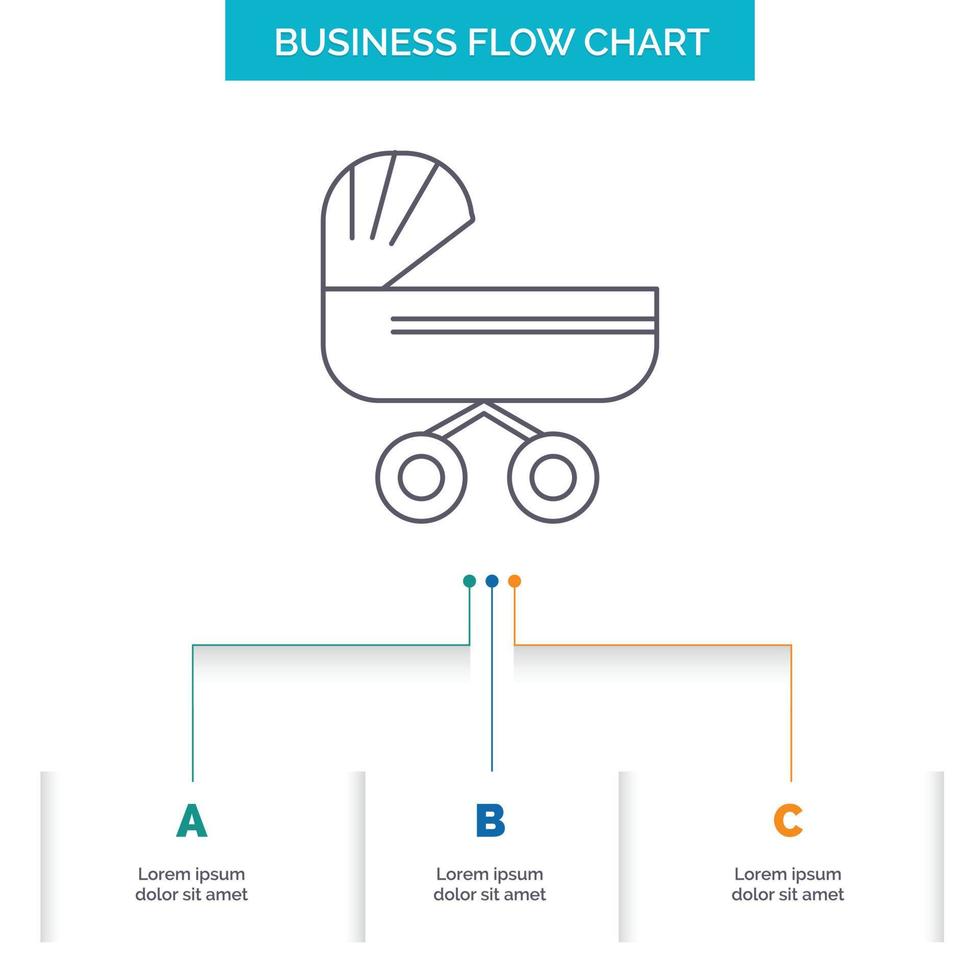 trolly. baby. kids. push. stroller Business Flow Chart Design with 3 Steps. Line Icon For Presentation Background Template Place for text vector