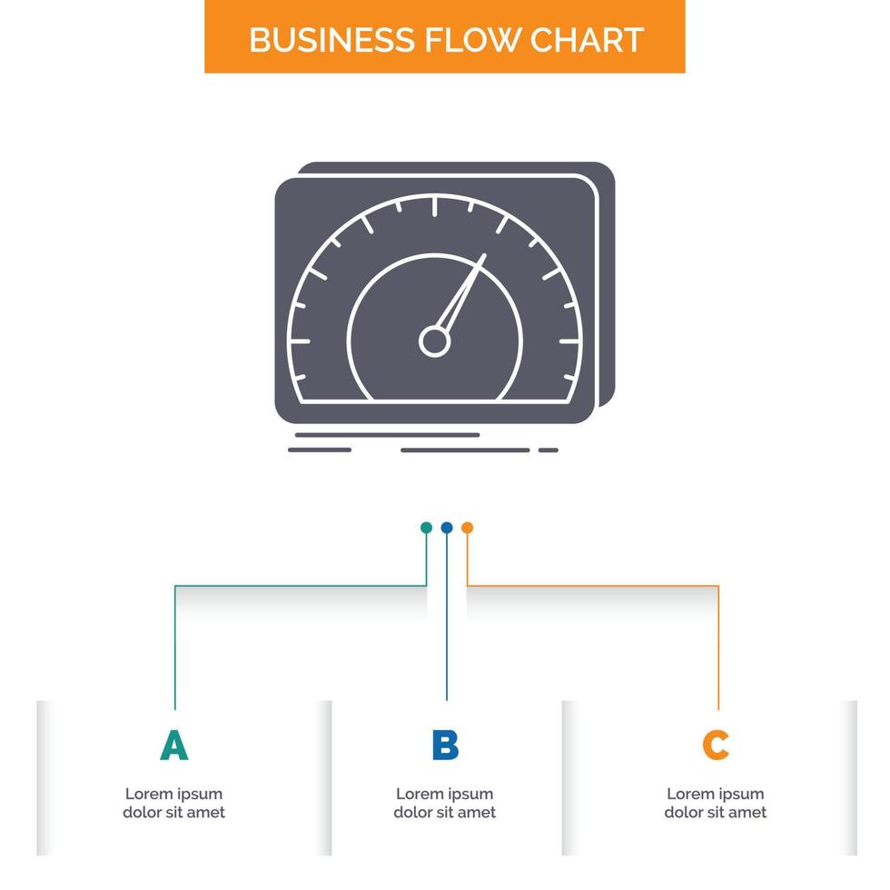 dashboard. device. speed. test. internet Business Flow Chart Design with 3 Steps. Glyph Icon For Presentation Background Template Place for text. vector