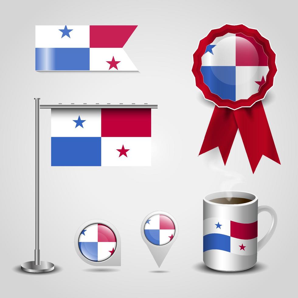 lugar de la bandera del país de panamá en el pin del mapa. poste de acero y banner de insignia de cinta vector