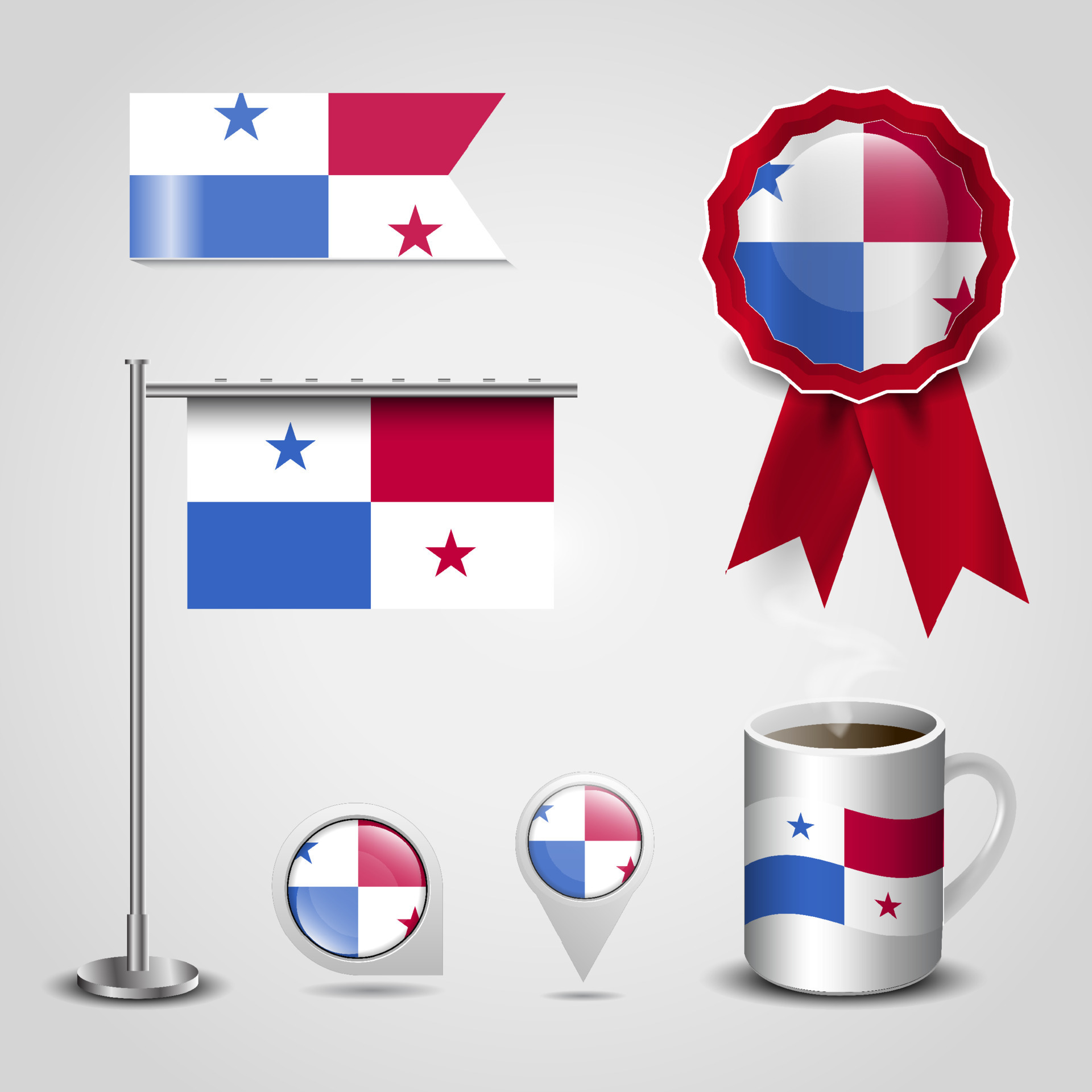 Panama Country Flag place on Map Pin. Steel Pole and Ribbon Badge