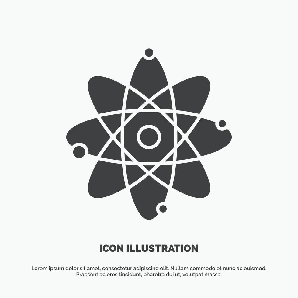 átomo. nuclear. molécula. química. icono de la ciencia. símbolo gris vectorial de glifo para ui y ux. sitio web o aplicación móvil vector