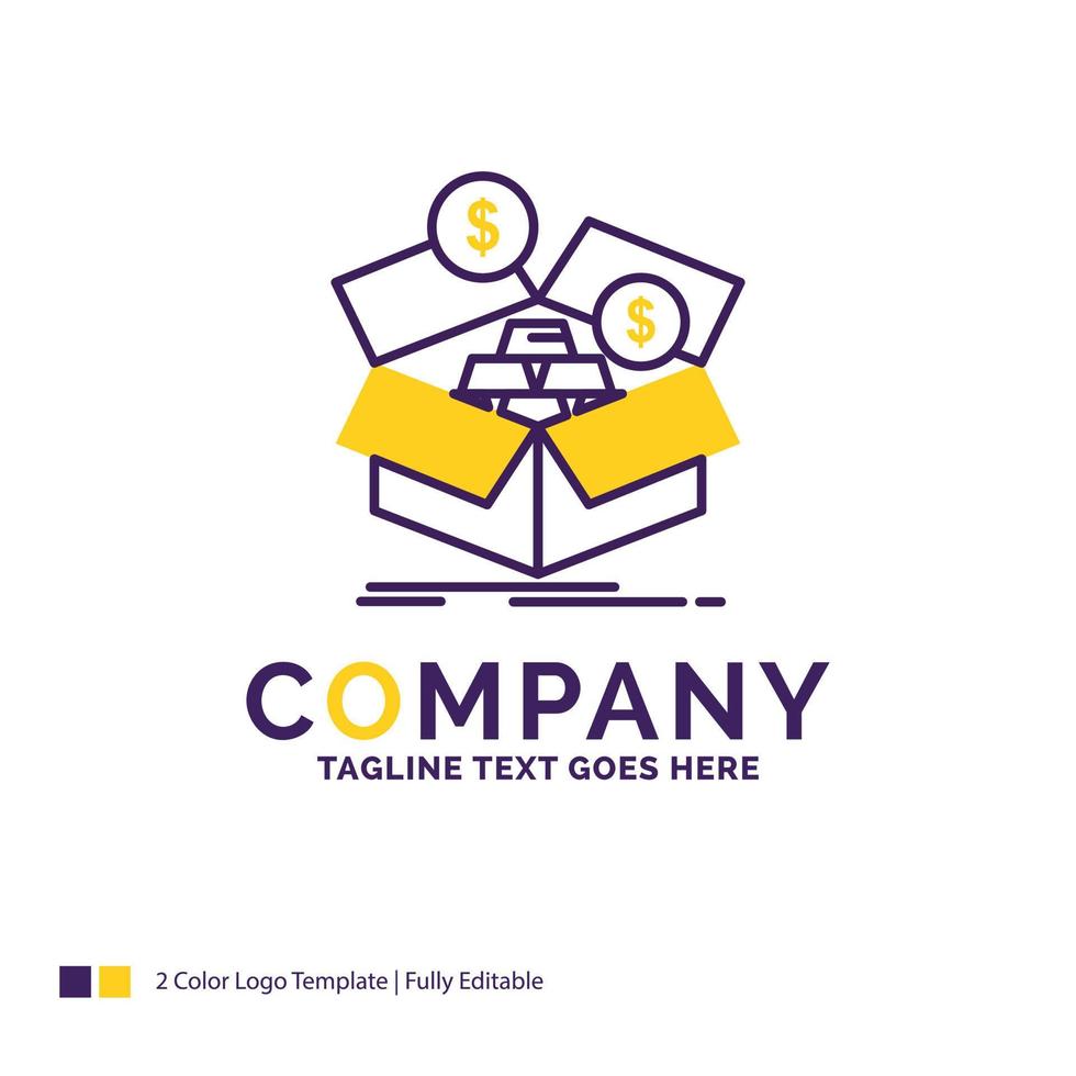 Company Name Logo Design For savings. box. budget. money. growth. Purple and yellow Brand Name Design with place for Tagline. Creative Logo template for Small and Large Business. vector