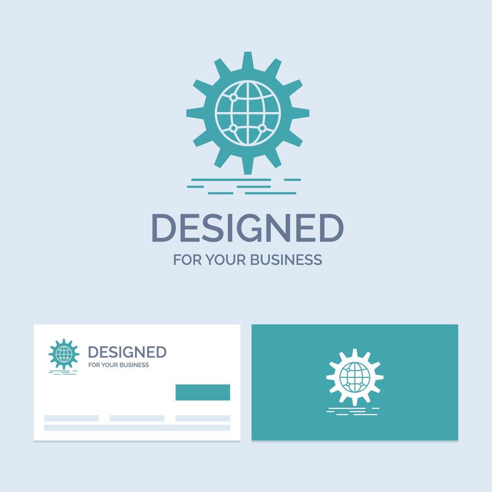 international. business. globe. world wide. gear Business Logo Glyph Icon Symbol for your business. Turquoise Business Cards with Brand logo template. vector