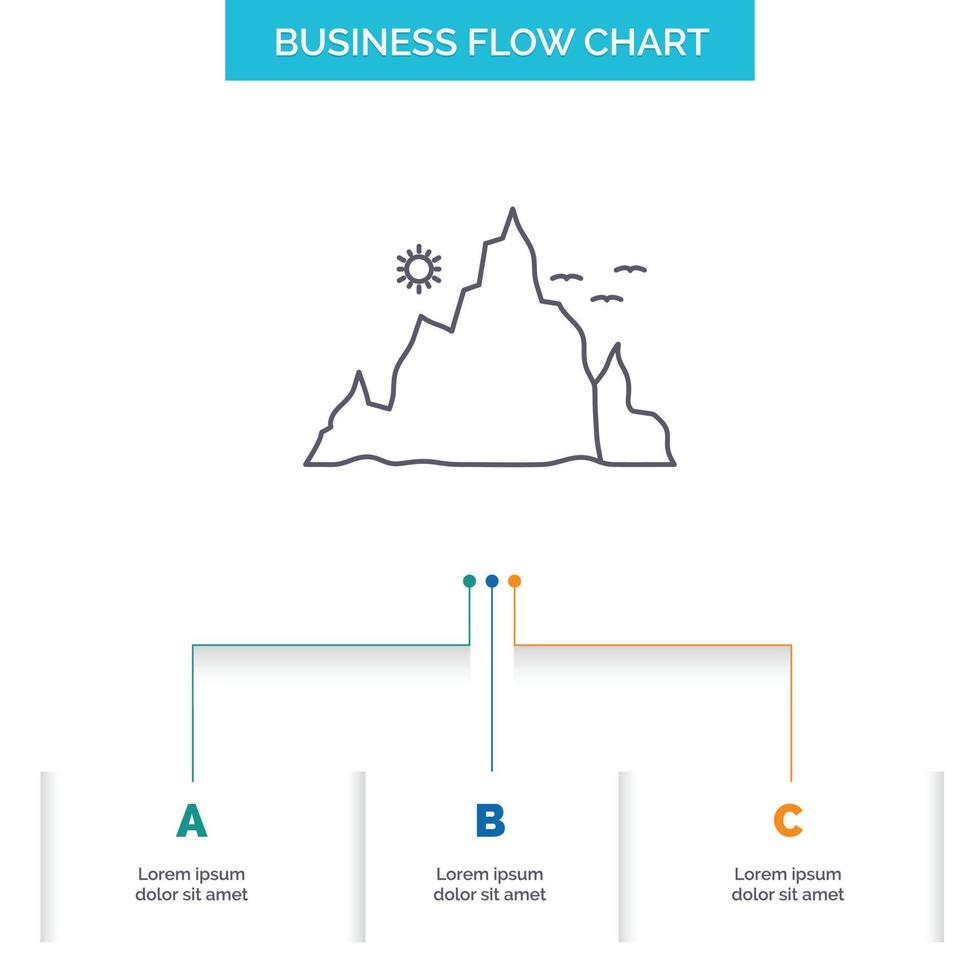 montaña. paisaje. Cerro. naturaleza. diseño de diagrama de flujo de negocios de sol con 3 pasos. icono de línea para el lugar de plantilla de fondo de presentación para texto vector