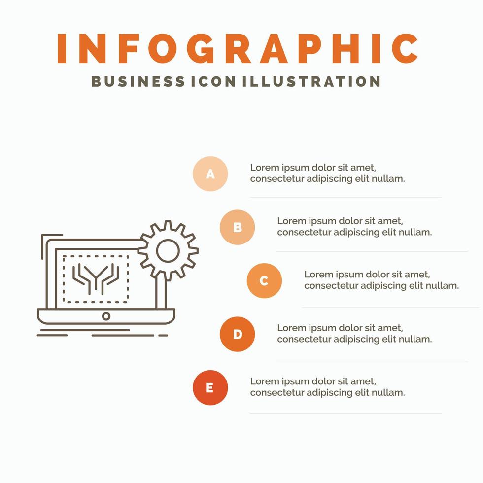 Plano. circuito. electrónica. ingeniería. plantilla de infografía de hardware para sitio web y presentación. icono de línea gris con ilustración de vector de estilo infográfico naranja