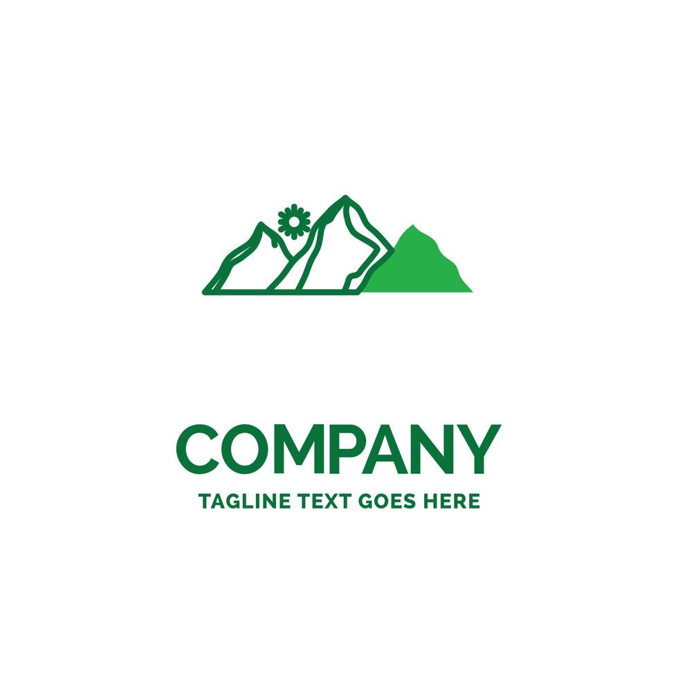hill. landscape. nature. mountain. sun Flat Business Logo template. Creative Green Brand Name Design. vector