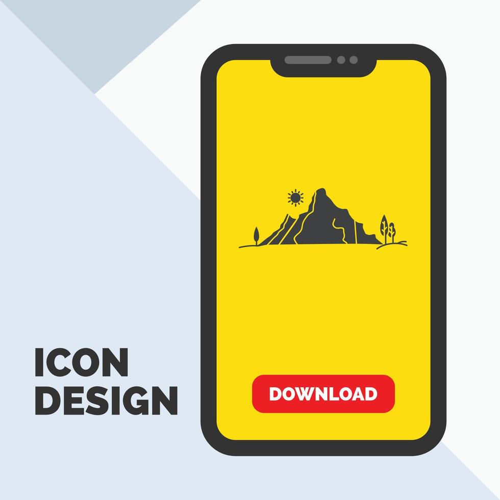 mountain. landscape. hill. nature. tree Glyph Icon in Mobile for Download Page. Yellow Background vector