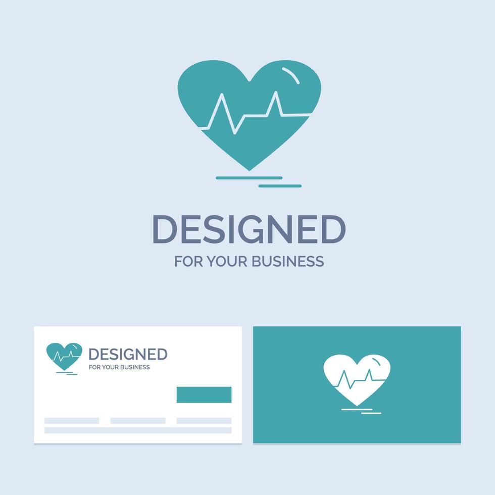 ecg. heart. heartbeat. pulse. beat Business Logo Glyph Icon Symbol for your business. Turquoise Business Cards with Brand logo template. vector