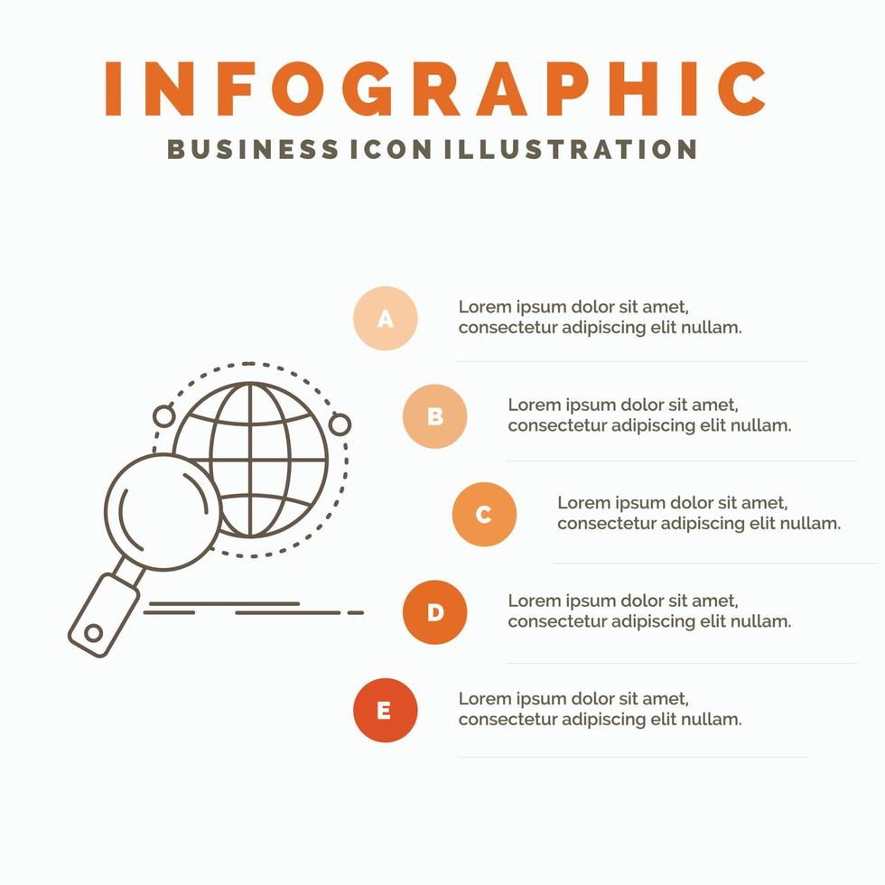 global. globe. magnifier. research. world Infographics Template for Website and Presentation. Line Gray icon with Orange infographic style vector illustration
