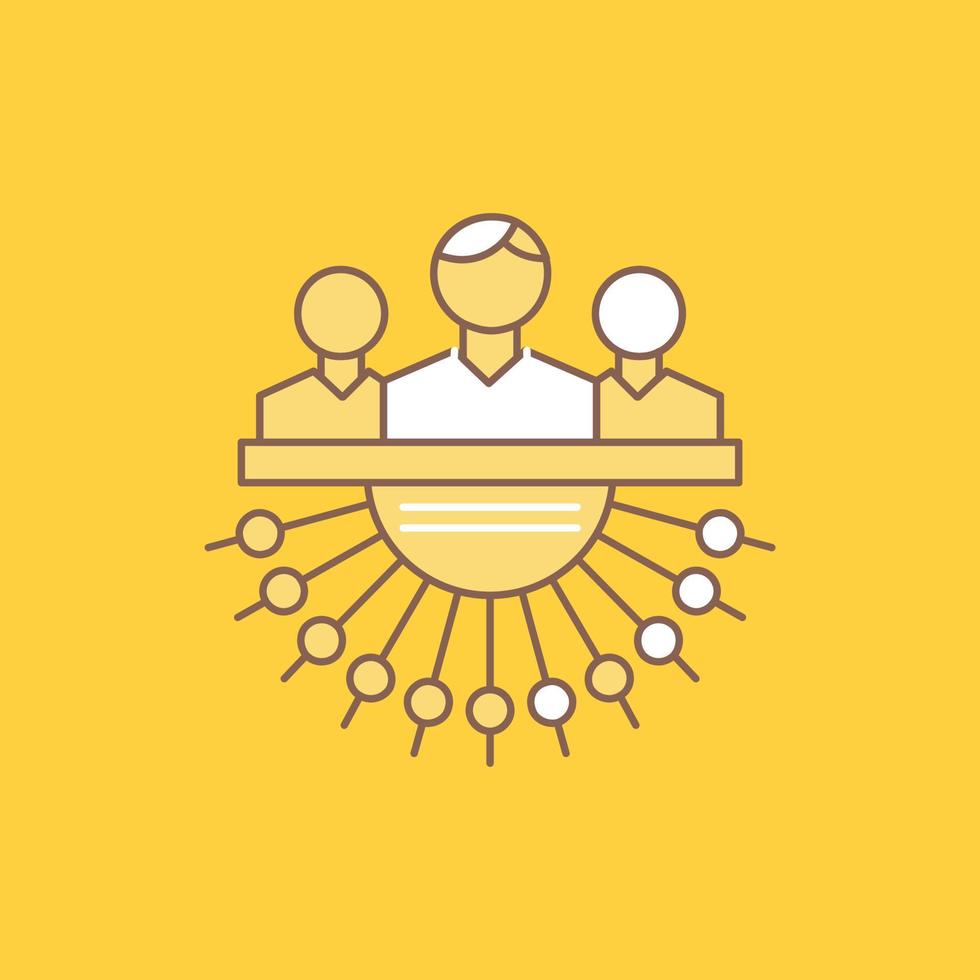 Allocation. group. human. management. outsource Flat Line Filled Icon. Beautiful Logo button over yellow background for UI and UX. website or mobile application vector