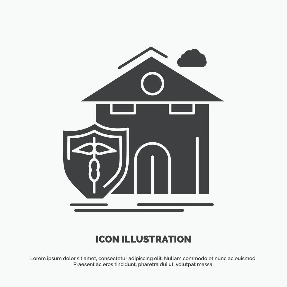 seguro. hogar. casa. víctima. icono de protección. símbolo gris vectorial de glifo para ui y ux. sitio web o aplicación móvil vector