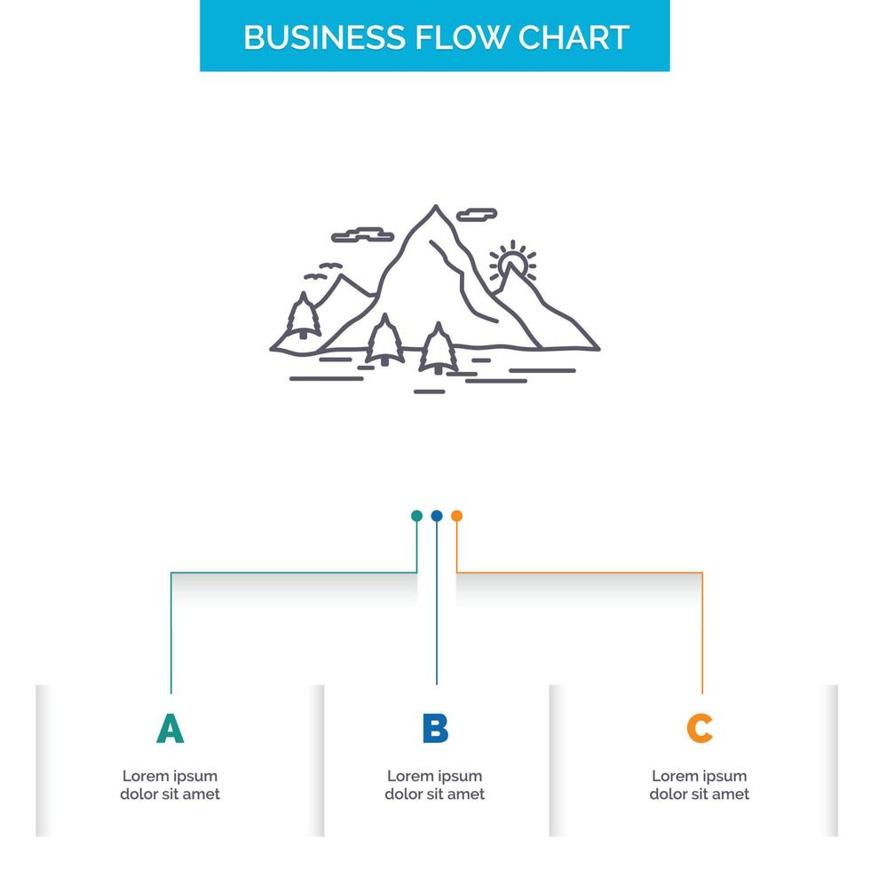 naturaleza. Cerro. paisaje. montaña. diseño de diagrama de flujo de negocios de escena con 3 pasos. icono de línea para el lugar de plantilla de fondo de presentación para texto vector