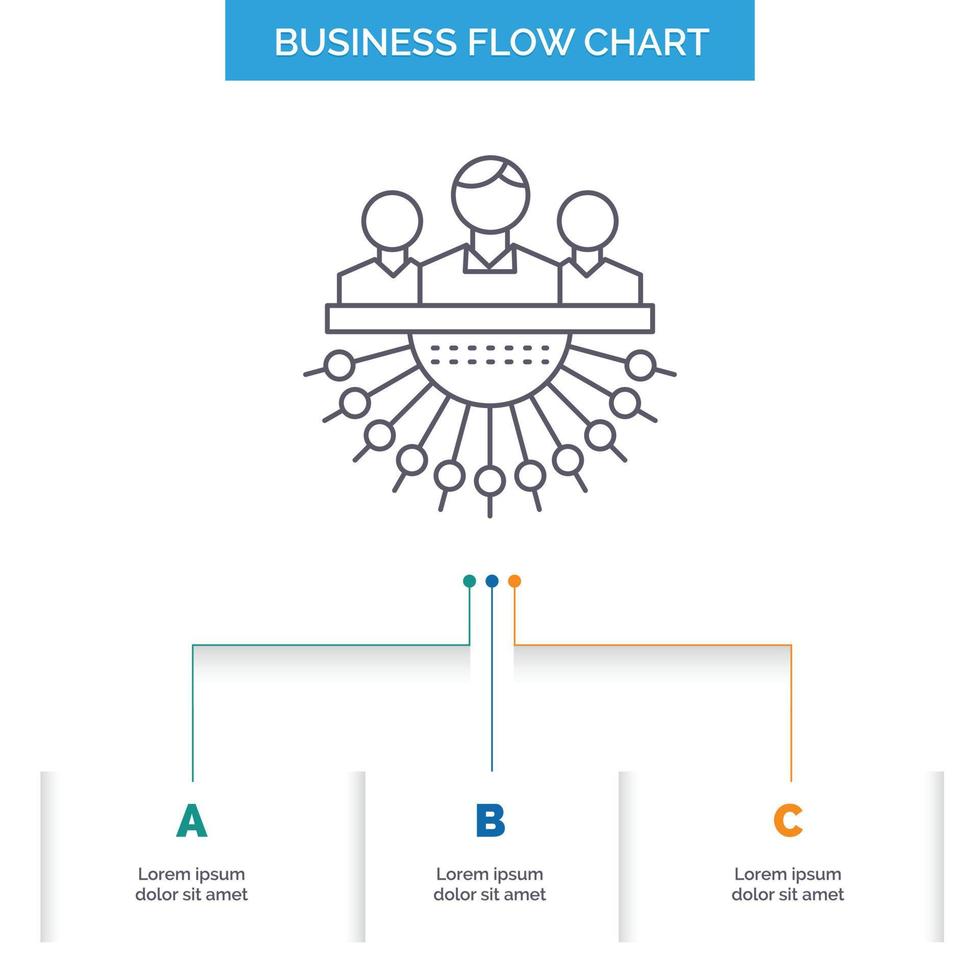 asignación. grupo. humano. administración. subcontratar el diseño de diagramas de flujo de negocios con 3 pasos. icono de línea para el lugar de plantilla de fondo de presentación para texto vector