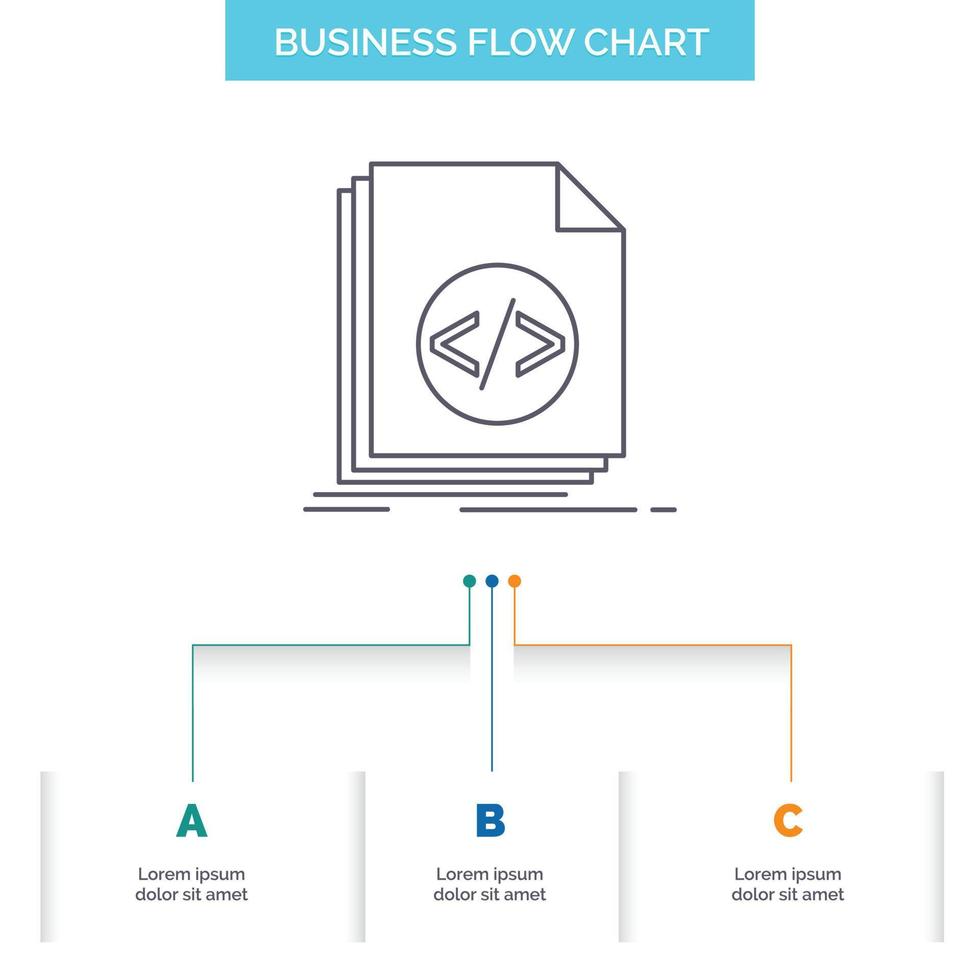 código. codificación. expediente. programación. diseño de diagrama de flujo de negocio de guión con 3 pasos. icono de línea para el lugar de plantilla de fondo de presentación para texto vector