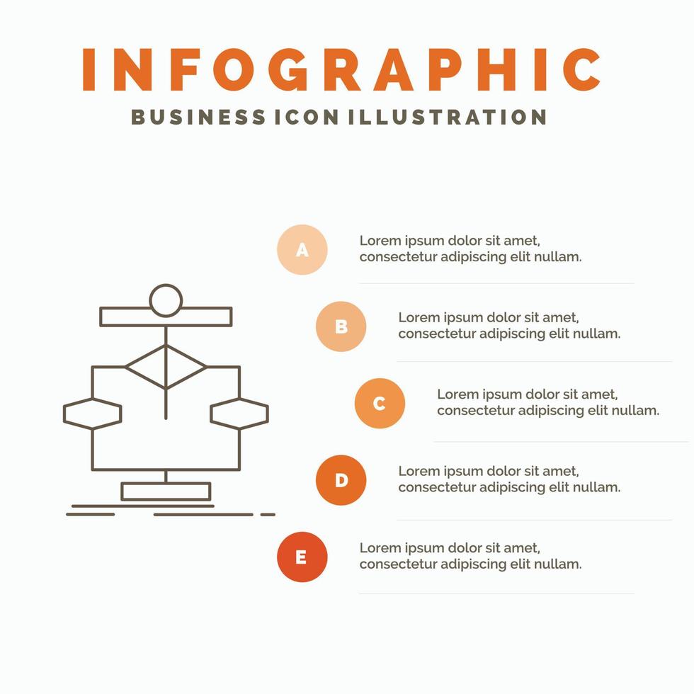 algoritmo. cuadro. datos. diagrama. plantilla de infografía de flujo para sitio web y presentación. icono de línea gris con ilustración de vector de estilo infográfico naranja