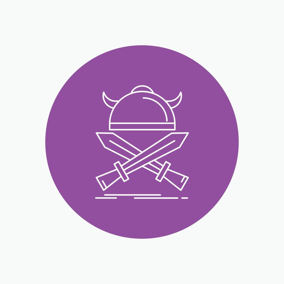 batalla. emblema. vikingo. guerrero. icono de línea blanca de espadas en el fondo del círculo. ilustración de icono de vector